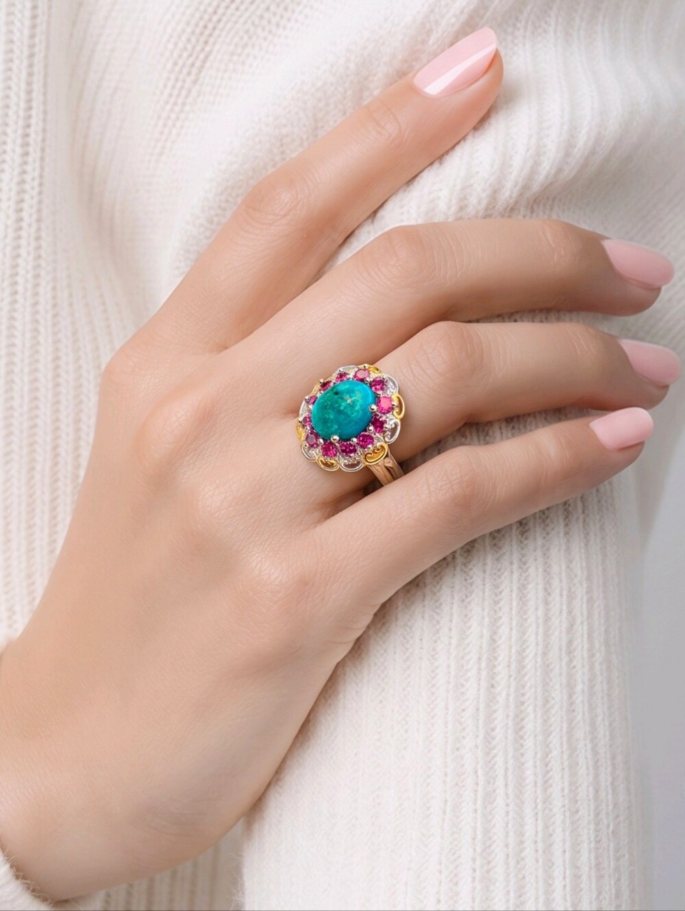 Chrysocolla ✦ Rose Garnet Floral Ring ✦ 1.80ctw Sterling Platinum & 14K YG Sz 5